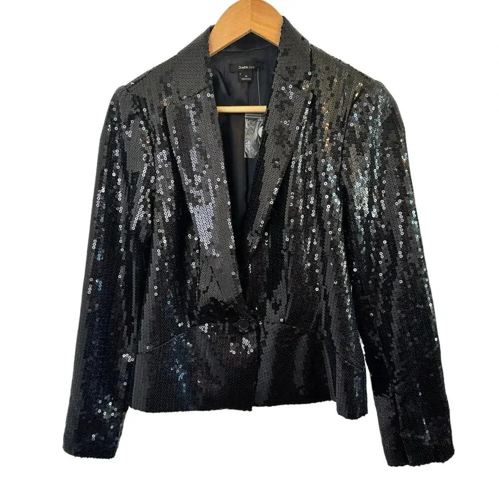 Double Zero Black Sequin Blazer One Button Front Jacket Women's M NWOT‎